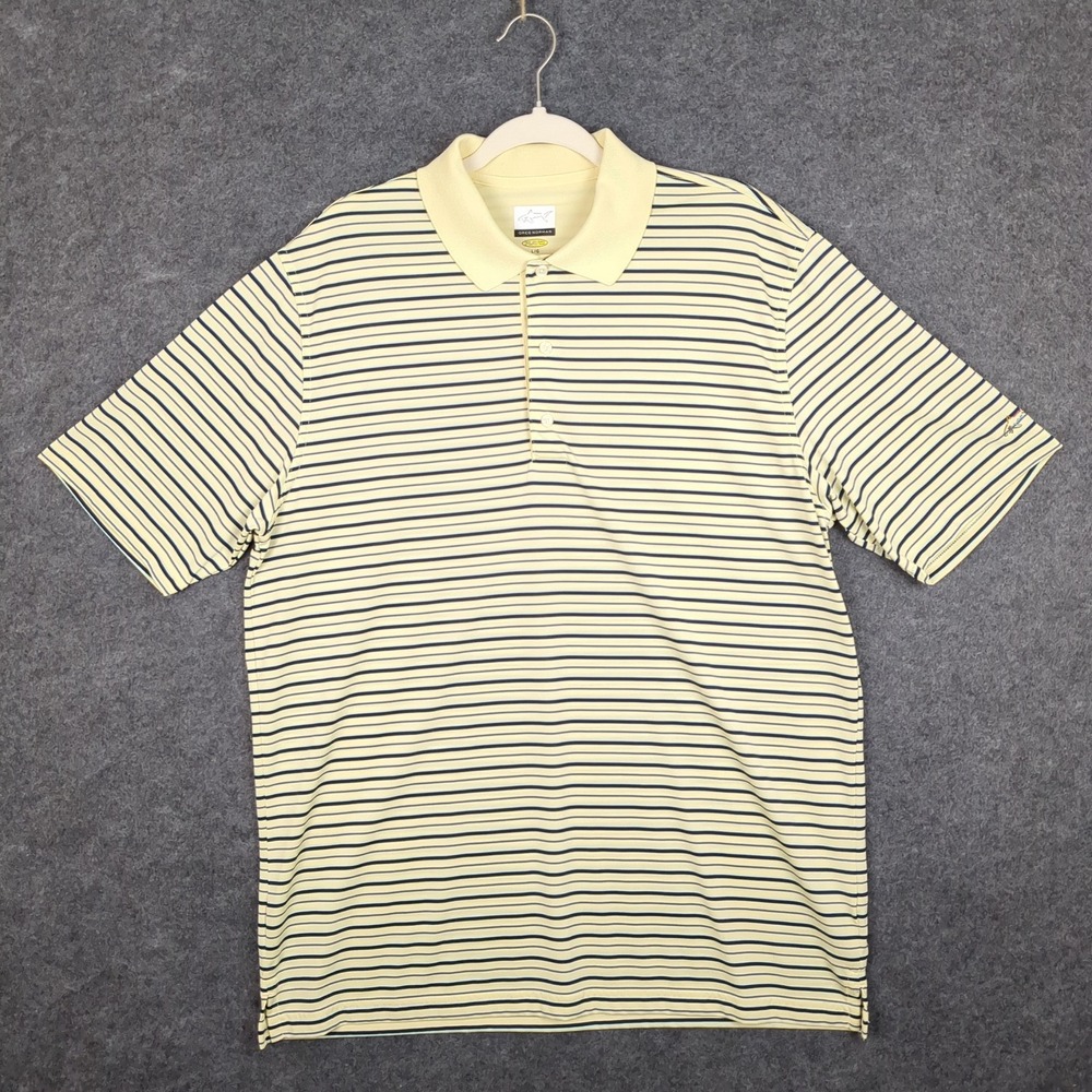 Greg Norman PLAY DRY Mens Polo Shirt Striped Yellow Blue Black Short Sleeve L - Picture 2 of 11